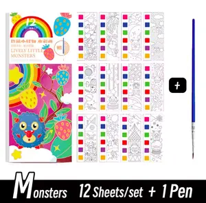 12 Sheets Portable Watercolor Painting Book Monster Theme Kids DIY Coloring Set