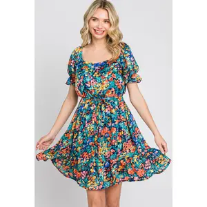 Navy Floral Chiffon Ruffle Accent Dress