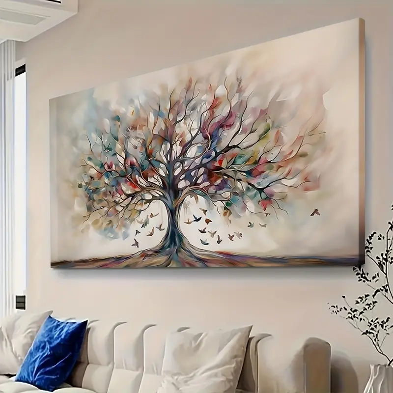 Vintage Colorful Abstract Tree of Life Canvas Wall Art Print - Wood-Framed Geometric Love Theme Decoration, Ready-to-Hang Room Art for Living Room, Perfect Gift for Christmas, Tree Design Home Decor Supply