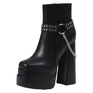Women's Fashion Ankle Boots Platform Chunky High Heel Chain Decor Zip Combat Goth Shoes Black PU with Studs