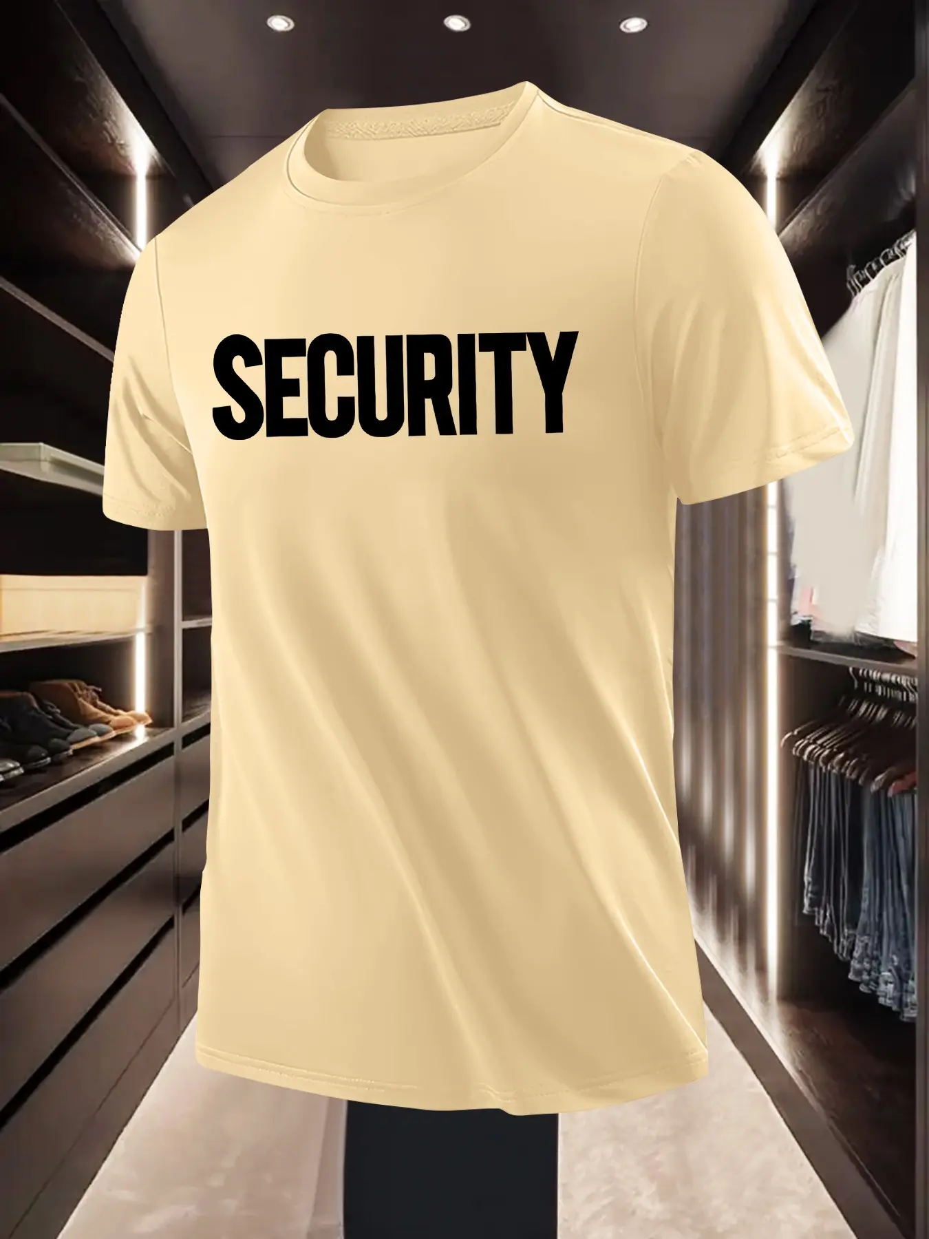 Men's Security Letter T-Shirt, Menswear Workwear Style Light Casual Short Sleeve, Fitted Geometric Pattern, H-Type Silhouette, No Zipper