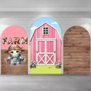 Scarecrow Pink Barn Arch Covers Stretchy Backdrop – Rustic Wood Farm Design, Perfect for Girls’ Farm Theme Birthday & Barnyard Party Photo Backdrop