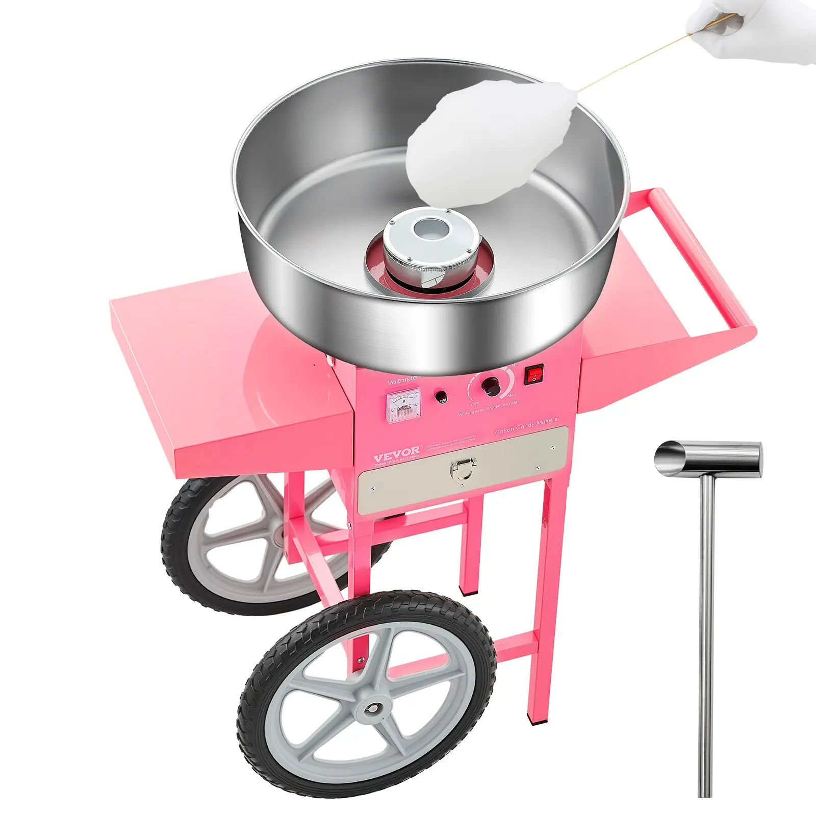 【DealsForYouDays】VEVOR 1000W Motor Electric Cotton Candy Machine with Cart, 20.5 in Stainless Steel Bowl, Sugar Scoop, Drawer, Sturdy Handle, Voltage Control, Beginner Friendly for Home, Kids Birthday Party, Pink, Voltage Meter