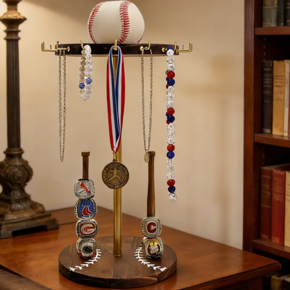 Solid Pine Round Traditional Wooden Rotating Organiser - Baseball-Softball Necklace & Championship Ring Display Rack, Senior Night Trophy Gift for Players, Home Organizer Storage Solution with Smooth Finish
