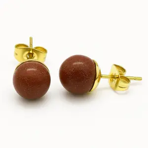 Aventurine Brown Stud Earrings – Gold Stainless Steel