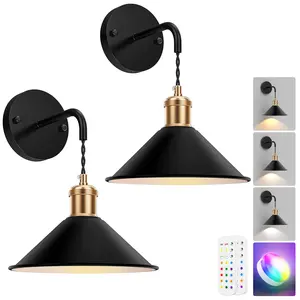 Battery Operated Wall Sconce Set of 2, 5000mAh Rechargeable High Brightness Vintage Wall Lamp, 3 Color Temperature RGB Wall Lights with Remote, Memory Function,Timer for Bedroom Living Room Black