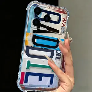 Phone Cases Clear 4-Corner Airbag License Plate Print for iPhone 17 Pro Max & 16 Pro Max – His Hers Matching Street Style Shockproof Cover soft case with license plate design，anti-shock and drop-proof phone cases, a holiday gift for friends, family,