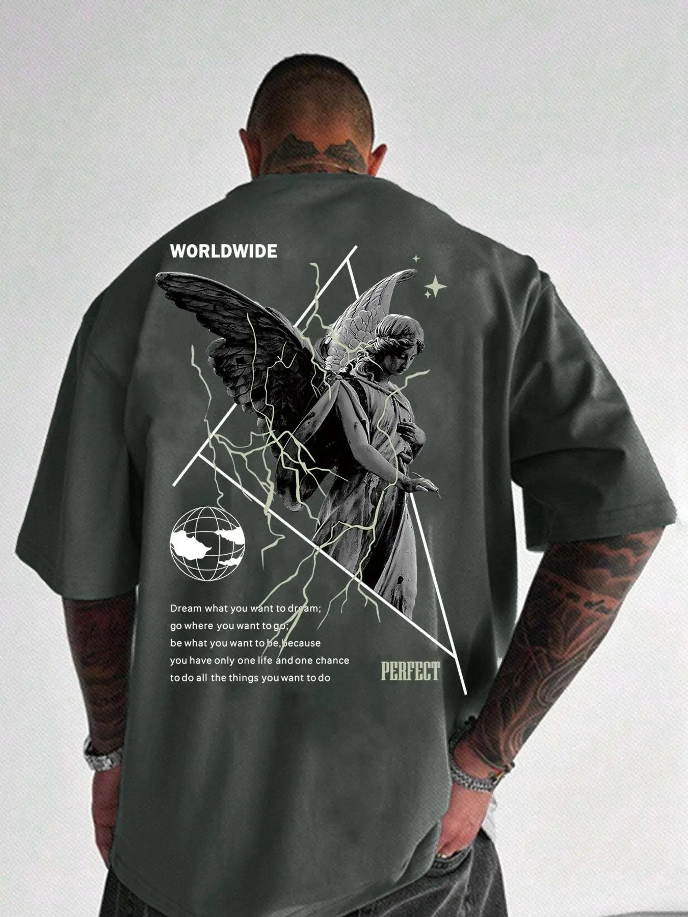 Unisex Men's Letter & Sculpture Print Drop Shoulder Tee, Loose Crew Neck Half Sleeve T-shirt for Men, Casual Comfy Knitting Top for Summer