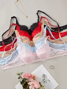 Women's Solid Floral Lace Bow Decor Underwire Bra, Casual Comfy Breathable Adjustable Strap Scallop Trim Push Up Lingerie Top for Daily Wear, Summer Outfits 2024, Ladies Underwear for All Seasons