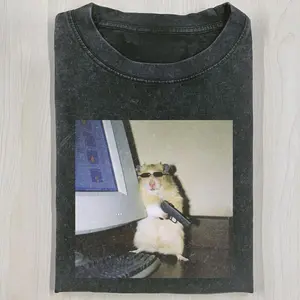 Funny Animal Vintage Graphic Tee, Cyber Hamster T-Shirt, Unisex Meme Cringe Funny Shirt, Menswear Womenswear Streetwear Cotton