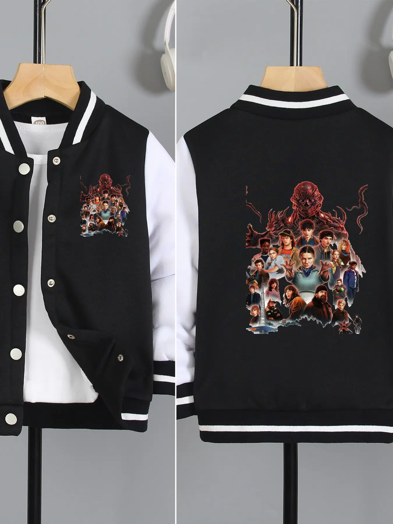 Stranger Things Vecna Evil Demon Family Printed Unique Print Boys And Girls Spring/Autumn New Style Cool Baseball Jacket Pullover Coat, Fashionable, Casual, Comfortable Daily Outdoor Versatile Top, Ideal Gift Choice