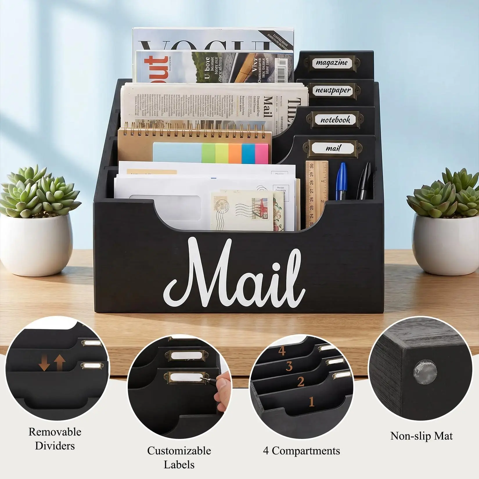 Mail Organizer Countertop with 4 Slots & Label Tabs, Desktop Mail Sorter for Letters, Bills, Envelopes & Receipts, Black Mail Holder for Home, Office & Entryway
