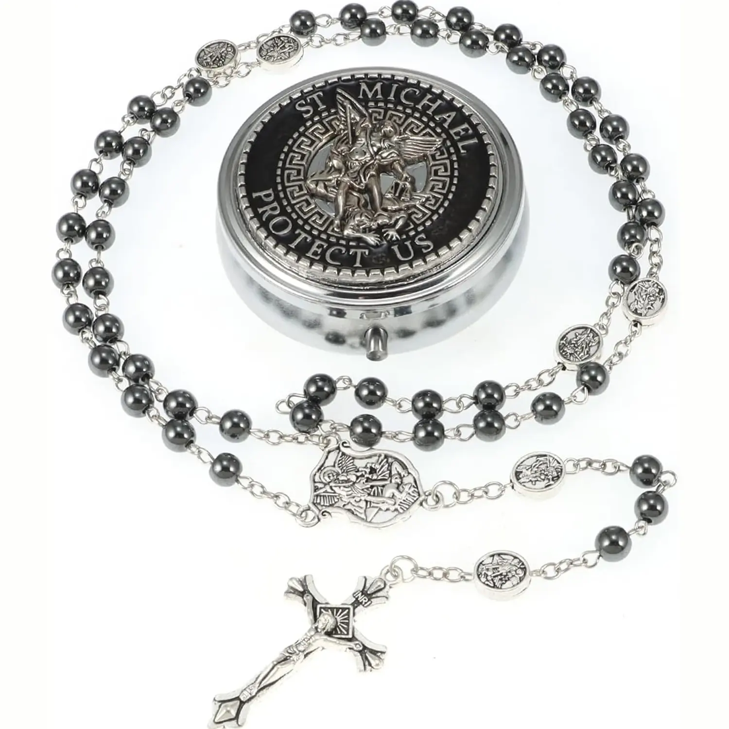 Saint Michael the Archangel Hematite Black Stone Beads Catholic Rosary Necklace with Cross Chain Design, Caps, Exquisite Jewelry Gift Box for Men, Faith Necklace for Baptism