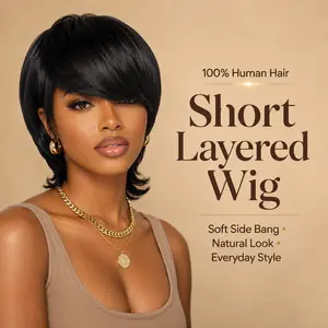 100% Human Hair Short Layered Wig for Black Women, Natural Black Side Bang Pixie Mullet Wig, Glueless Soft Natural Looking Everyday Wig
