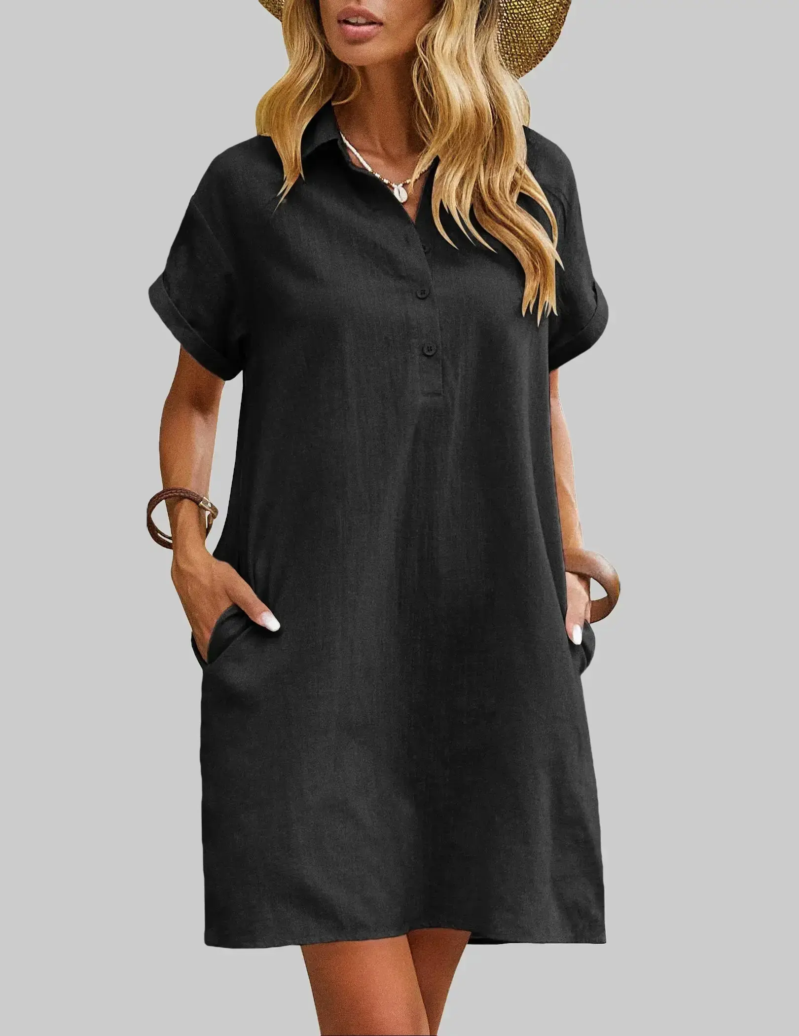Zeagoo Women's Cotton Fabric V-Neck Shortsleeve Button-Down Shirt Dress - Solid Colors, Built-In Pocket, Basic Look Casual Wear Beachy Style Summer Cover-Up, Beachy Style Dress