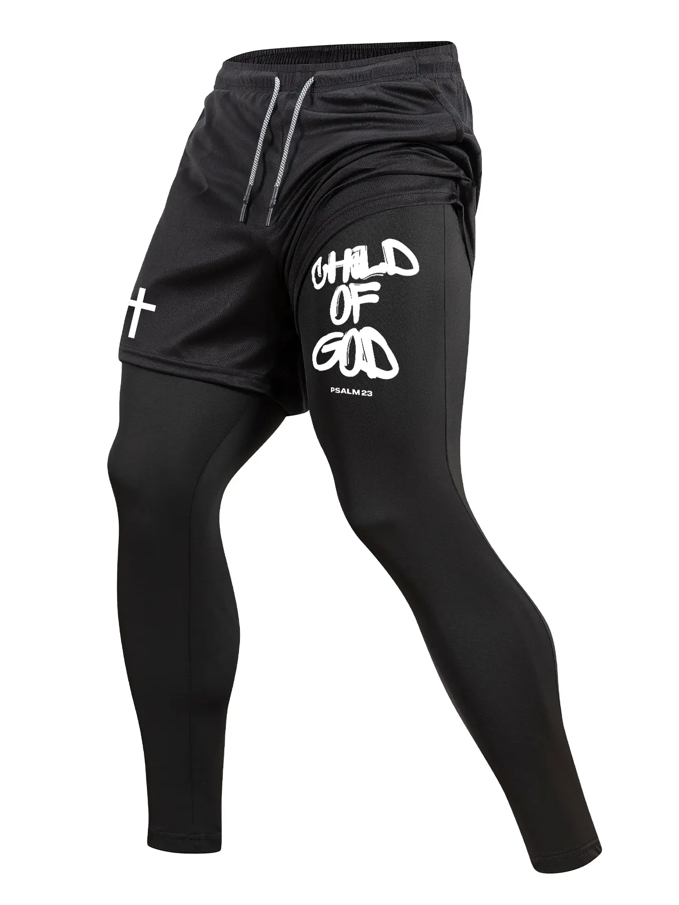 Men's Cross Letter Printed Sporty 2 in 1 Compression Pants, Spring & Fall Gym Workout Fitness Tights Leggings with Phone Pocket, Zipper Pocket, Towel Loop, Athletic Running Quick Dry Baselayer Activewear