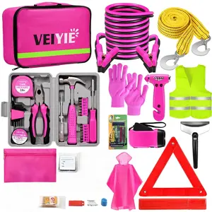 Roadside emergency car kit,Pink car first aid kit,With jumper cables,Car safety kit,Tow strap,Tool kit,Road trip assistance for men and women,Gift for new drivers，Summervibes
