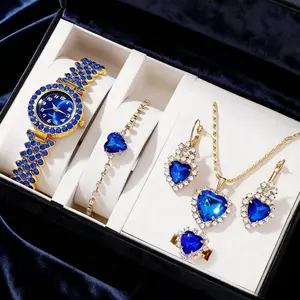 6-Piece Women Luxury Heart Watch Jewelry Set Elegant Bracelet Necklace Ring Accessories Fashion Valentine Birthday Gift Set