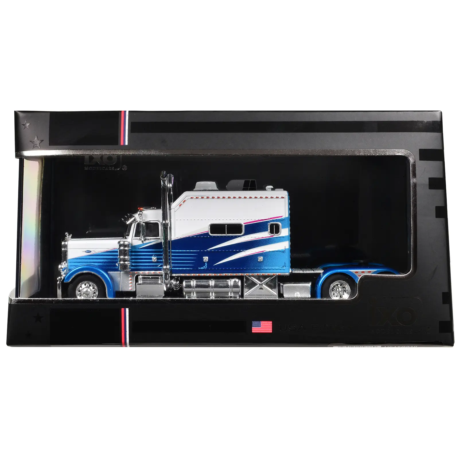 2002 Peterbilt 379 Truck Tractor White and Blue with Graphics 1/64 Diecast Model by IXO Models