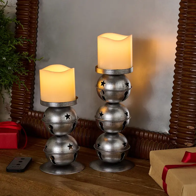 Home Reflections S/2 Jingle Bell Pillar Holders with Flameless