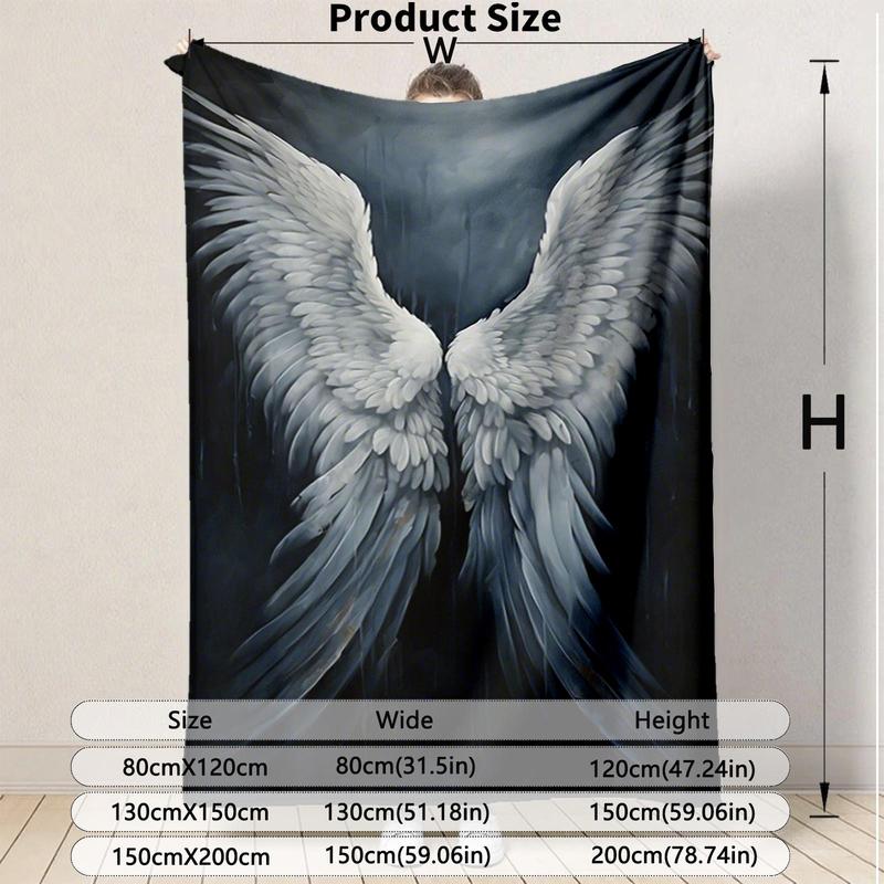 1 piece White angel wings beautiful feather design themed flannel blanket - Oversized fluffy warm sofa blanket, suitable for beds and sofas, modern geometric pattern design, all-season use, digital printing, 100% polyester material, machine