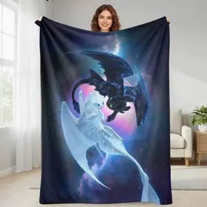 Celestial Dragons Flannel Blanket Toothless & Light Fury Graphic Print UltraSoft Cozy Warm Lightweight Anti-Pilling, Dragon Themed Blanket for Sofa, Bed, Travel, Outdoor, Cozy Home Decor, Perfect Gift for Dragon Fans
