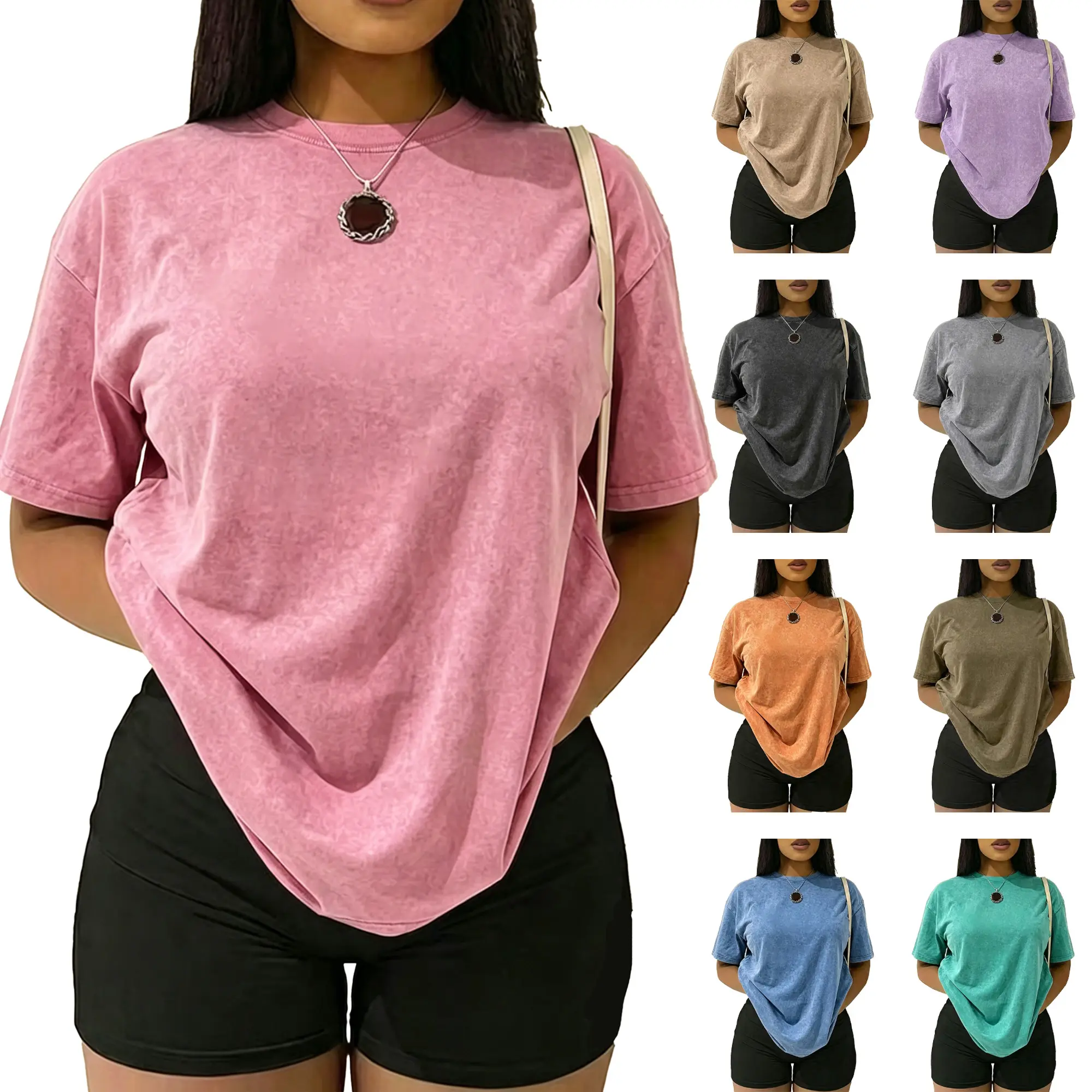 Women’s Vintage Washed T-Shirt, Loose Fit, Versatile Solid Color Short Sleeve Basic Style