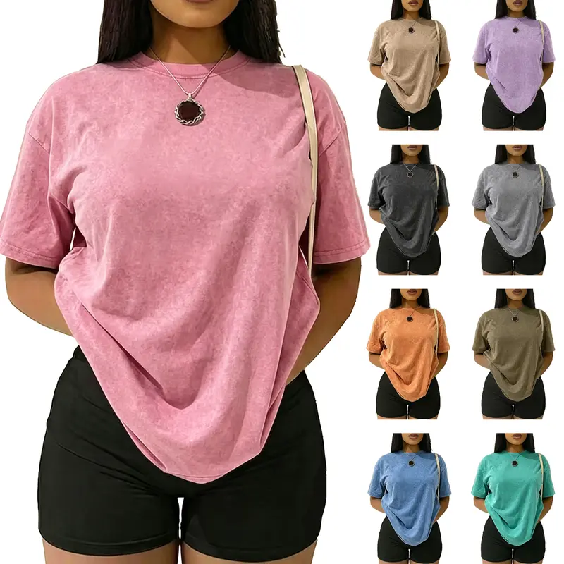 Women's Cotton Crew Neck Vintage Washed Baggy Short Sleeve Solid Color Everyday T-Shirt - Loose-Fit Versatile Casual Women's Clothes for Back to School, First Day Outfits