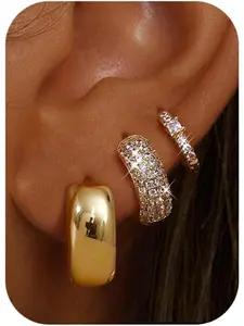 3 Pairs Earrings for Women, Silver Color Hoops, Hypoallergenic Huggies, 14k Gold Plated, All-Season Jewelry