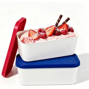 Ice Cream Containers Set of 2, 2Qt Reusable Freezer for Homemade Ice Cream Tub for Sorbet, Frozen Yogurt Lids, Stackable - Blue & Red