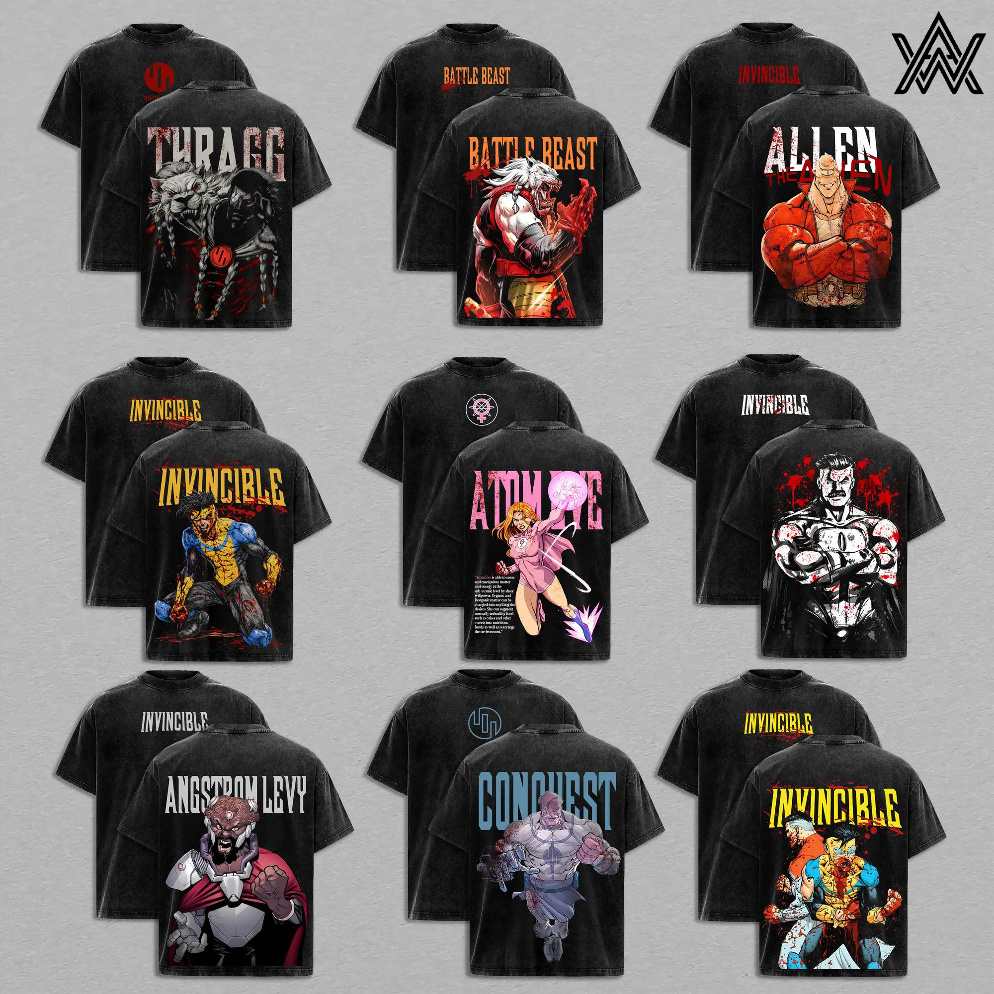 Invincible Viltrumite Collection Washed Tee – Inspired Anime Graphic Double Printed T-Shirt, Menswear Heavy Cotton Unisex Oversize Streetwear Vintage Retro, Multiverse Power Edition