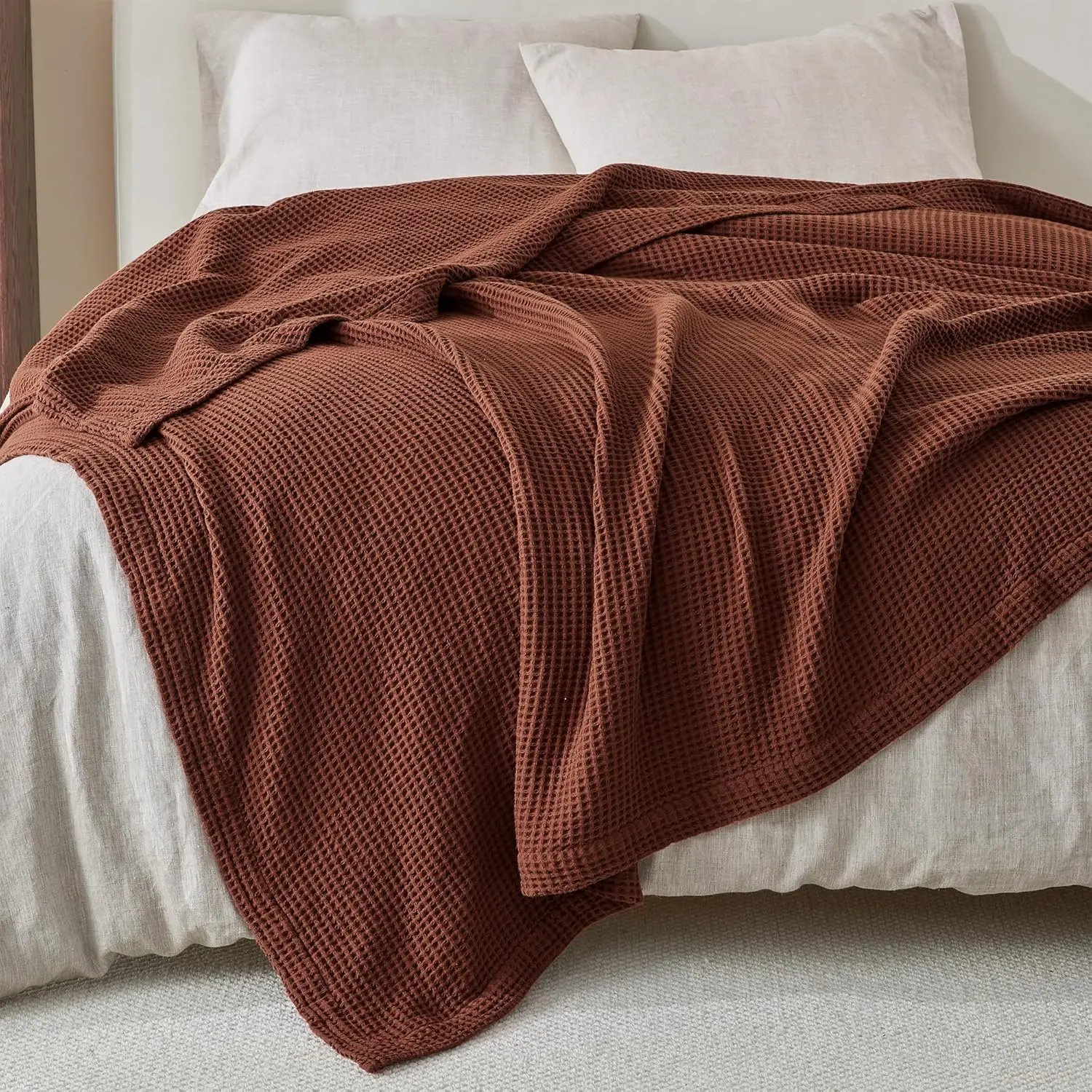 100% Cotton Traditional King Size Loose Waffle Weave Throw Blanket - Cacao Brown, Lightweight, 102x90in Prewashed Breathable Modern Sleeping Blanket, Machine Washable for Summer, Beach Use