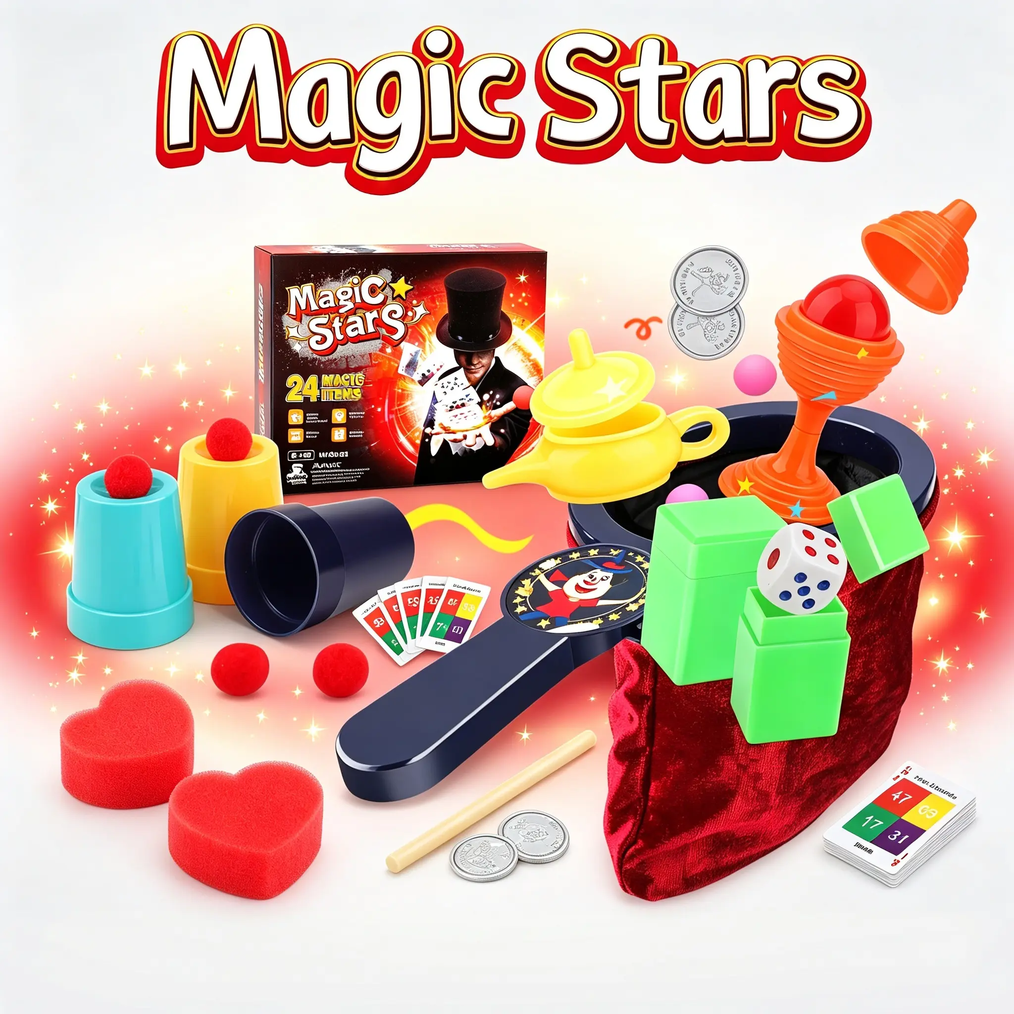 Kids Magic Kit, Magic Tricks Set for Beginners, 24 Pcs Magic Toys with Instruction, Magician Pretend Play Props, Magic Wand, Great Birthday Christmas Gift for Boys Girls Ages 6+
