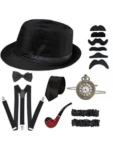 Vintage Hat Men's Gatsby Ball Party Top Hat Pipe Watch Strap Tie Set 8pcs
