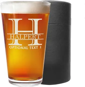 Personalized Etched 16oz Pint Beer Glass – Beer Gifts, Custom Engraved Drinking Glasses, Customized Retirement Gift for Men, Birthday Gifts for Him, Beer Lover Cup, Groomsmen Wedding, Halpert Monogram
