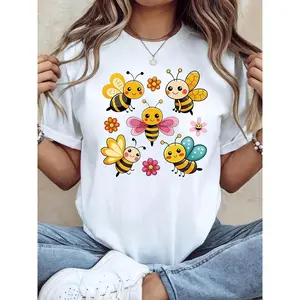 Unisex T-Shirt Cute Bees And Flowers Design | Fun Cartoon Insect Print, Casual Summer Wear, Comfortable Tee, Perfect Gift For Women'S Day, Ideal Valentine'S Day Gift