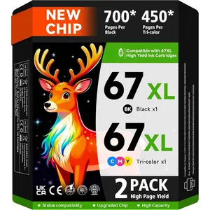 67XL Compatible for  67 Ink Cartridges Black/Color Combo Pack Works with  Deskjet 2800e 2855e 2700 2700e 2755 2755e 2852e 4255e 2827e 4100e 4155e Envy 6000 6055e 6455e Printer (2-Pack)