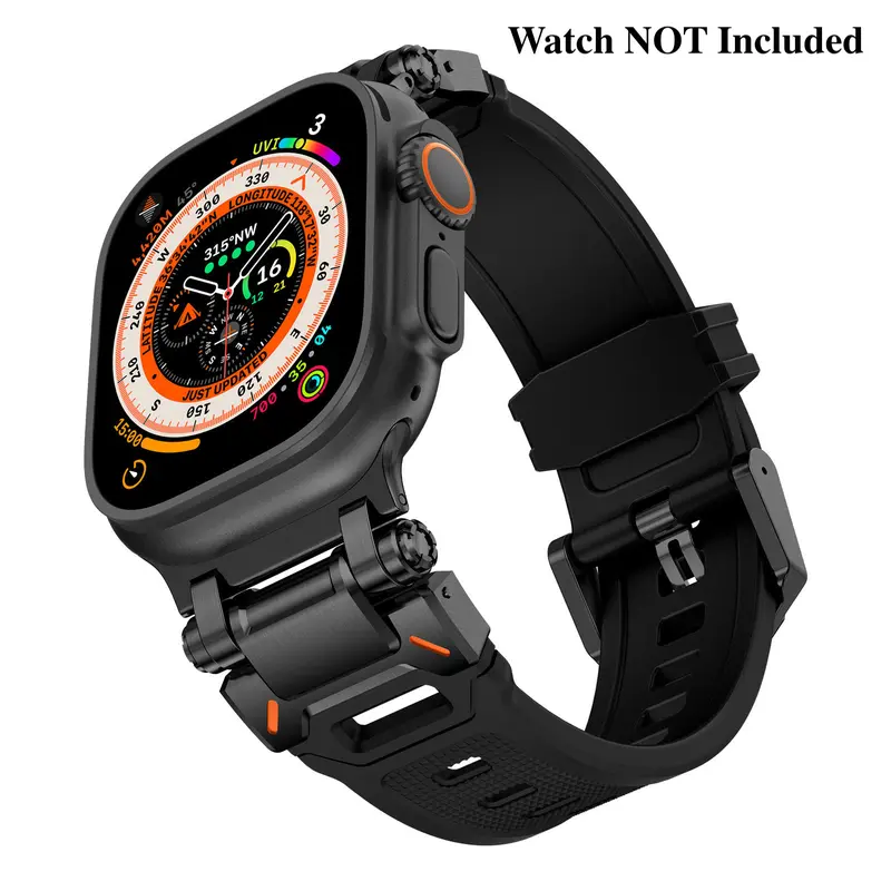 Mecha Style Smart Watch Replacement Strap, TPU Nylon Accessory with Durable Metal Connectors, Black Titanium Silicone, Multi-Sizes 49mm/46mm/45mm/44mm, Secure Fit for Active Users’ Running Watch