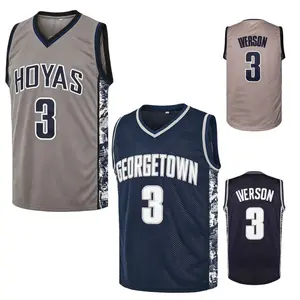 Men's #3 Hoyas Iverson Embroidery Basketall Jersey Retro Navy&Gery V-Neck Breathable Mesh 90s Hip Hop Style Polyester Sports Clothing