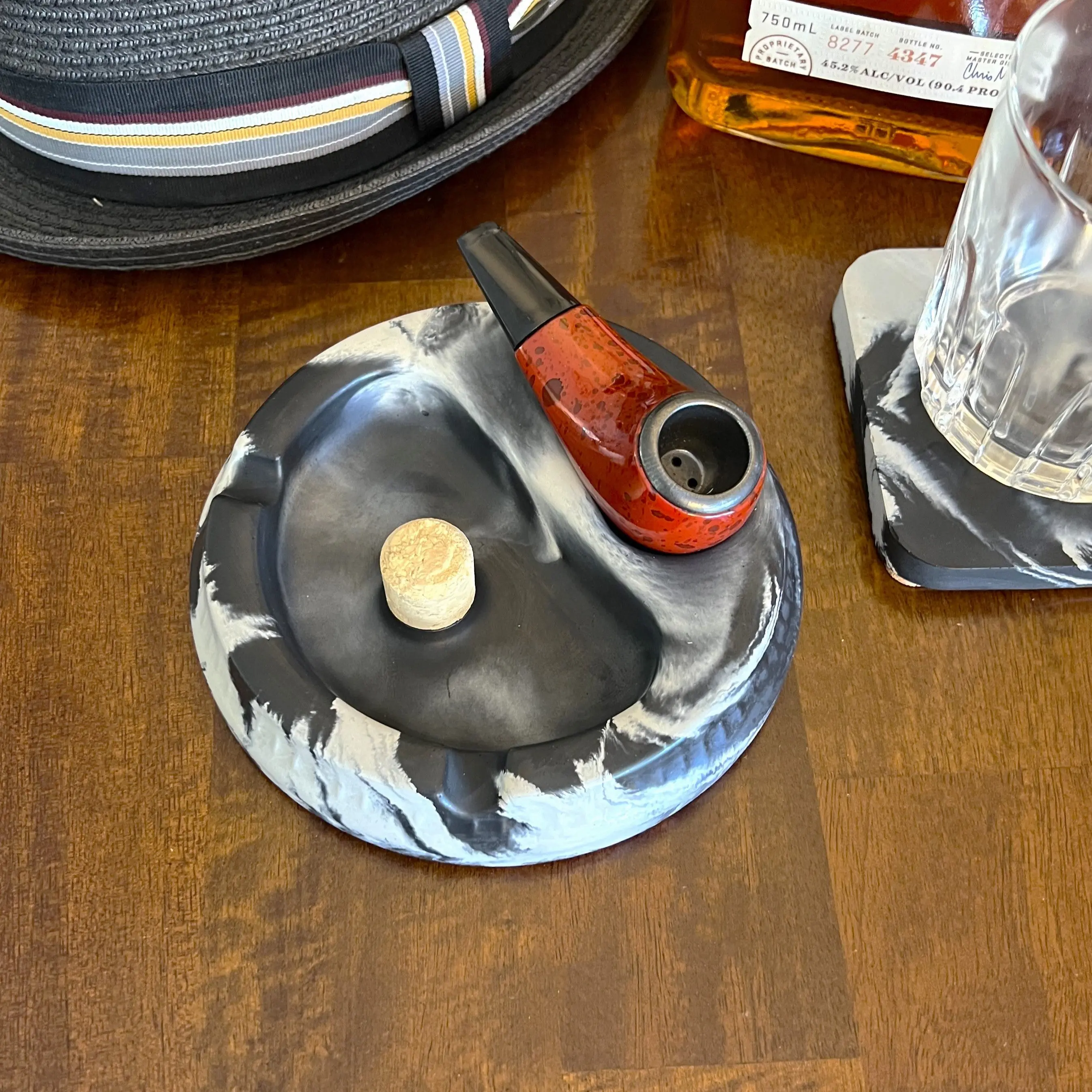 Black and White Marbled Concrete Pipe Ashtray with Cork Knocker