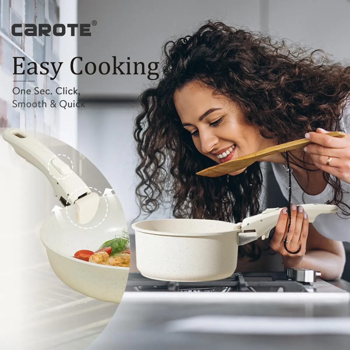 CAROTE 5-Piece Nonstick Cookware Set With Removable Handles - Stackable For RV & Small Kitchens