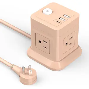 X-PSP02  Cube Power Strip, 4 Widely Spaced Outlet with 3 USB (1 USB C) Flat Plug Power Strips with Long Extension Cords Space Save Compact Portable for Travel Home Office Cruise (Pink)