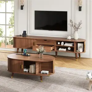 [Bellemave]Wooden Farmhouse TV Stand & Coffee Table Set with Charging Station, Oval Fluted Media Console with Sliding Doors for TVs up to 80", Mid-Century Center Table with Solid Wood Legs for Living Room,Walnut