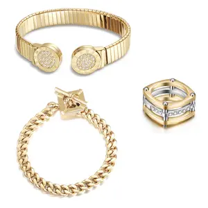 Roman Numeral Chain Set - Gold-Plated Bangle & Bracelet with Roman Numerals, Pave CZ & Chunky Snake Chain, Hypoallergenic, Hypo-Moldable Design