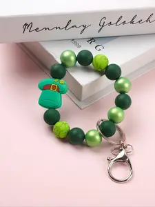 Elegant Beaded Keychain Wristlet, Leopard Pattern Wristband Key Ring with Elf Hat, Four-Leaf Clover Design, Perfect Gift for Couples