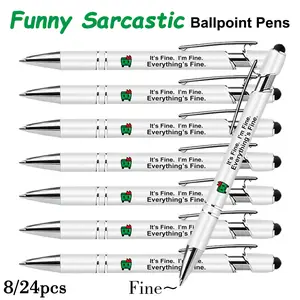 8/24 Pack Funny "It's Fine I'm Fine" Ballpoint Pens with Stylus Tip - Black Ink Sarcastic Pens, Burning Trash Can Design, Touch Screen Stylus Pens for Office, Coworker Gag Gifts & Stress Relief