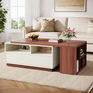LITTLE TREE Extendable Coffee Table with Storage, Reversible Living Room Table with 2 Drawers & Shelves, Large Rectangular Center Table for Living Room, White & Walnut (43" to 75" Adjustable Length)