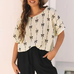 Beige Bow Print Puff Short Sleeve Top