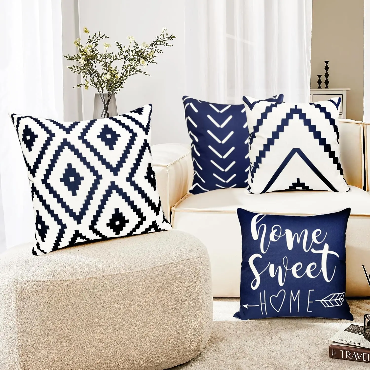 4-Pack 18"x18" Square Patio Cushion Covers Replacement, All-Weather Linen Fabric, Water-Fade Resistant, Geometric Blue-White Outdoor Pillowcases for Patio Furniture, Home Room House Decor