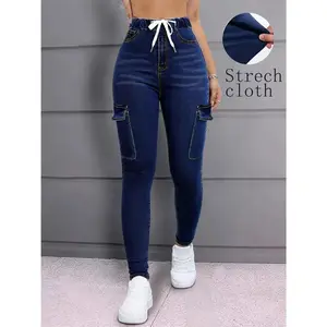 Women’s High-Waisted Stretch Denim Jeans – Slim-Fit Skinny Pants with Drawstring Waist and Belt-Like Patches, All-Season Comfort, Heavy-Duty Durable Blue Wash (Casual to Formal) – Long-Length Jeans for Casual Wear (Machine Washable)
